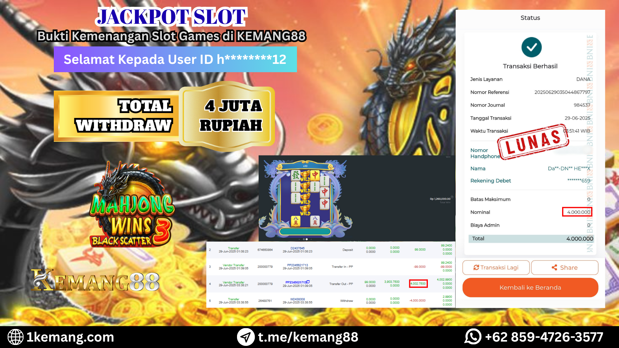 KEMANG88 [29 JUNI 2025] : JACKPOT MAHJONG WINS 3 BLACK SCATTER Rp.4.000.000.,- LUNAS